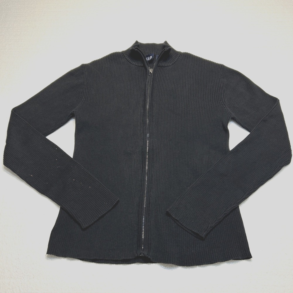 Vintage GAP Full Zip Ribbed Sweater Women's Medium Black Fitted 90's Y2K Flaws